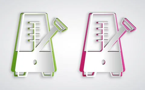 Paper cut Classic Metronome with pendulum in motion icon isolated on grey Stock Illustration
