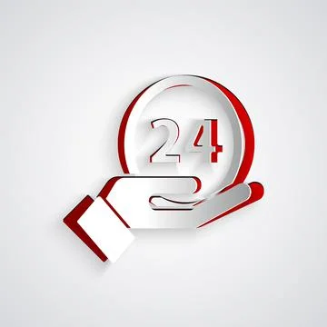 Paper cut Clock 24 hours icon isolated on grey background. All day cyclic icon Ilustración de archivo