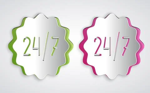 Paper cut Clock 24 hours icon isolated on grey background. All day cyclic icon 스톡 일러스트