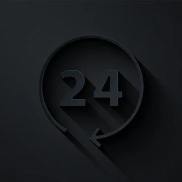 Paper cut Clock 24 hours icon isolated on black background. All day cyclic ic 스톡 일러스트