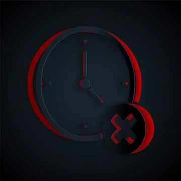 Paper cut Clock delete icon isolated on black background. Time symbol. Paper art Illustrazione stock