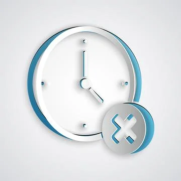 Paper cut Clock delete icon isolated on grey background. Time symbol. Paper a Illustrazione stock