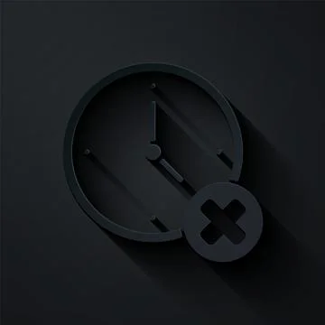 Paper cut Clock delete icon isolated on black background. Time symbol. Paper  Illustrazione stock
