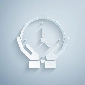Paper cut Clock icon isolated on grey background. Time symbol. Paper art style Stock Illustration