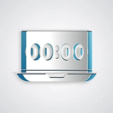 Paper cut Clock on laptop screen icon isolated on grey background. Schedule c Stock Illustration