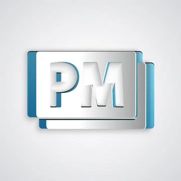 Paper cut Clock PM icon isolated on grey background. Time symbol. Paper art s Stock Illustration