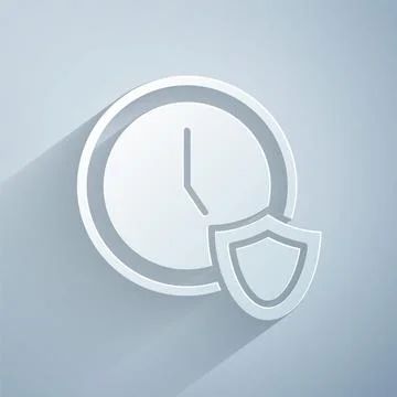 Paper cut Clock with shield icon isolated on grey background. Security, safet 库存插图