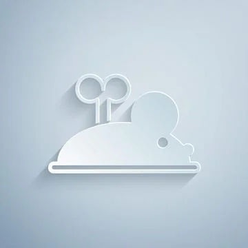 Paper cut Clockwork mouse icon isolated on grey background. Wind up mouse toy Illustrazione stock
