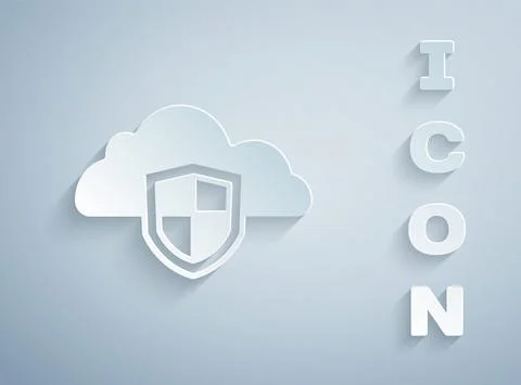 Paper cut Cloud and shield icon isolated on grey background. Cloud storage data Illustrazione stock