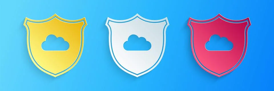 Paper cut Cloud and shield icon isolated on blue background. Cloud storage data 스톡 일러스트