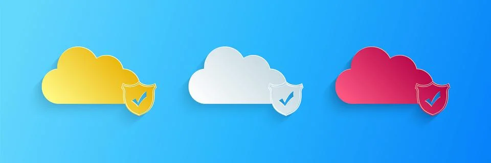 Paper cut Cloud and shield with check mark icon isolated on blue background Illustrazione stock