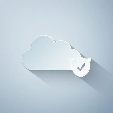 Paper cut Cloud and shield with check mark icon isolated on grey background 스톡 일러스트