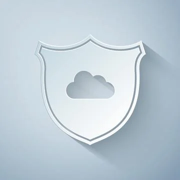 Paper cut Cloud and shield icon isolated on grey background. Cloud storage data Stock Illustration
