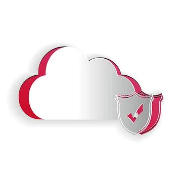 Paper cut Cloud and shield with check mark icon isolated on white background Stockillustratie