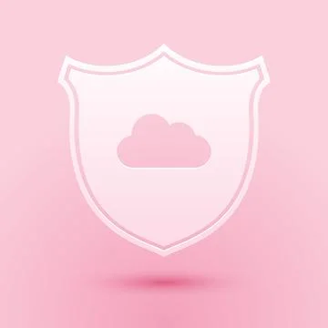 Paper cut Cloud and shield icon isolated on pink background. Cloud storage data Illustrazione stock