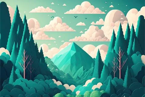 Paper cut of cloud with blue sky, forest, Made by AI,Artificial intelligence Stock Illustration