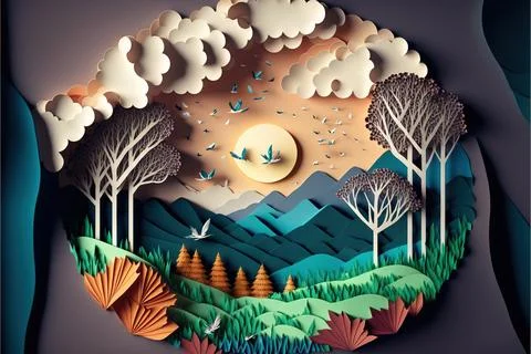 Paper cut of cloud with blue sky, forest, Made by AI,Artificial intelligence Stock Illustration