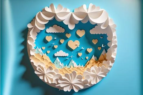 Paper cut of cloud with blue sky, forest, Made by AI,Artificial intelligence Stock Illustration