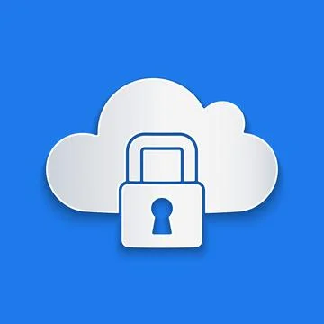 Paper cut Cloud computing lock icon isolated on blue background. Security Stock Illustration