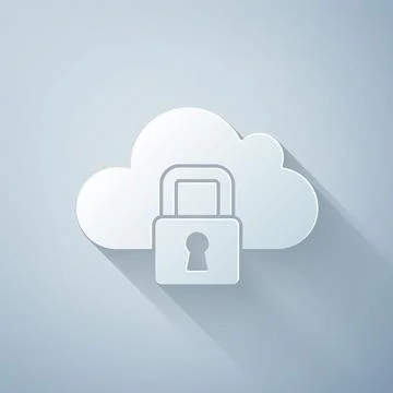 Paper cut Cloud computing lock icon isolated on grey background. Security Stock Illustration