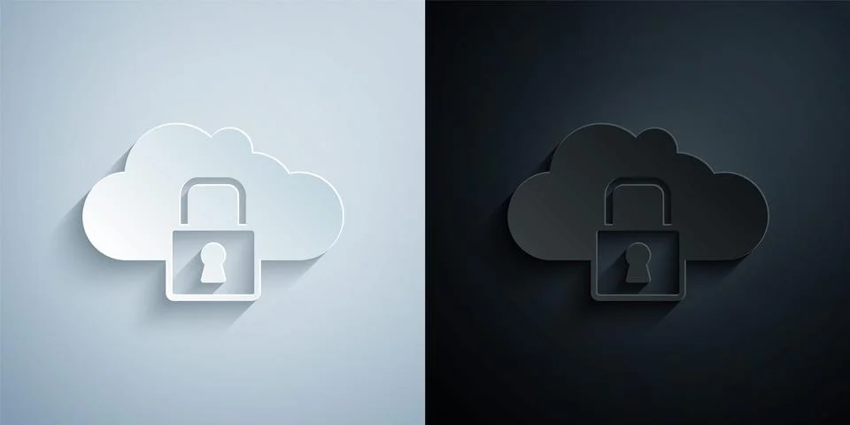 Paper cut Cloud computing lock icon isolated on grey and black background Stock Illustration