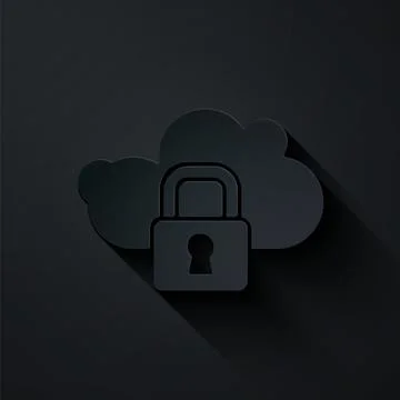 Paper cut Cloud computing lock icon isolated on black background. Security Illustrazione stock