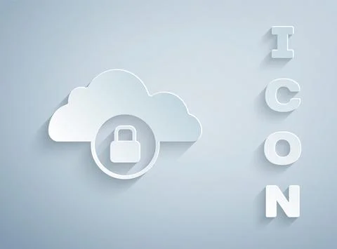 Paper cut Cloud computing lock icon isolated on grey background. Security 스톡 일러스트