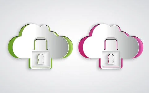 Paper cut Cloud computing lock icon isolated on grey background. Security 스톡 일러스트
