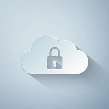 Paper cut Cloud computing lock icon isolated on grey background. Security Stock Illustration