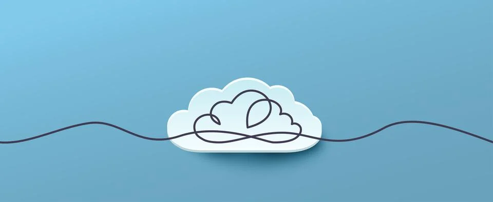 Paper cut cloud with continuous line draw collage. Cloud linear, one line Stock Illustration