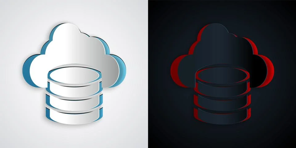 Paper cut Cloud database icon isolated on grey and black background. Cloud .. Illustrazione stock