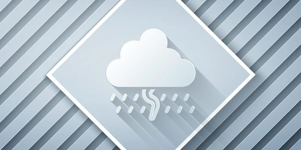 Paper cut Cloud with rain and lightning icon isolated on grey background. R.. Stock Illustration