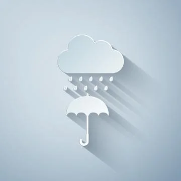 Paper cut Cloud with rain drop on umbrella icon isolated on grey background Stock Illustration