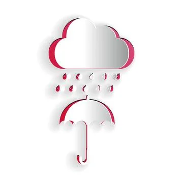Paper cut Cloud with rain drop on umbrella icon isolated on white background Stock Illustration