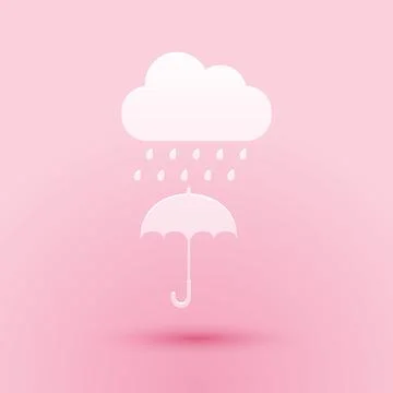 Paper cut Cloud with rain drop on umbrella icon isolated on pink background イラスト素材
