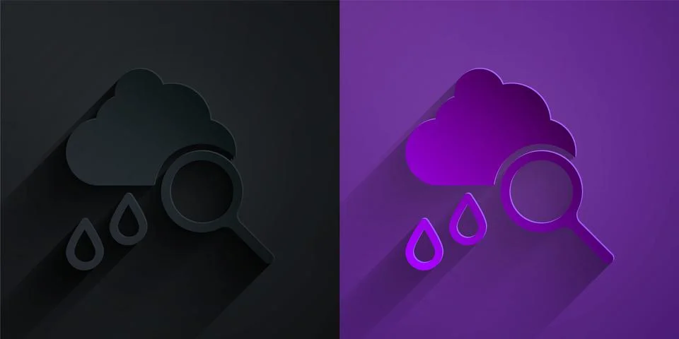 Paper cut Cloud with rain icon isolated on black on purple background. Rain Stock Illustration