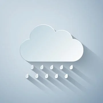 Paper cut Cloud with rain icon isolated on grey background. Rain nimbus cloud Illustrazione stock