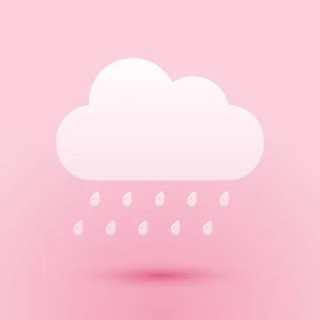 Paper cut Cloud with rain icon isolated on pink background. Rain nimbus cloud Illustrazione stock