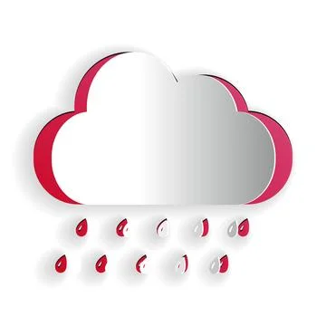 Paper cut Cloud with rain icon isolated on white background. Rain nimbus cloud Illustrazione stock