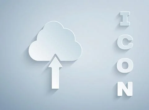 Paper cut Cloud upload icon isolated on grey background. Paper art style. Vector Stock Illustration