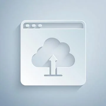 Paper cut Cloud upload icon isolated on grey background. Paper art style. Vector Stock Illustration