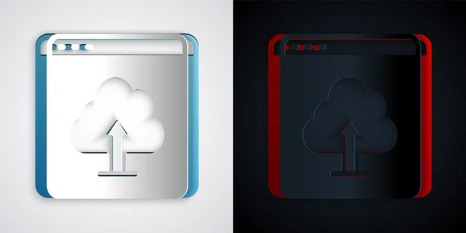 Paper cut Cloud upload icon isolated on grey and black background. Paper art Stock Illustration