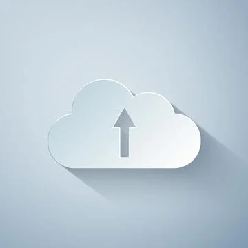 Paper cut Cloud upload icon isolated on grey background. Paper art style. Vector Illustrazione stock