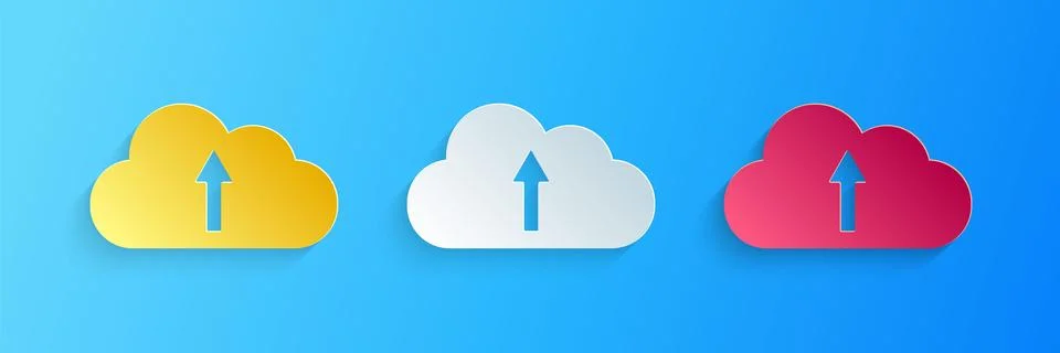 Paper cut Cloud upload icon isolated on blue background. Paper art style. Vector Illustrazione stock