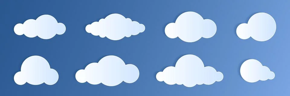 Paper cut clouds set on blue sky background. Illustration