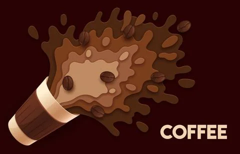 Paper cut coffee cup with splash and coffee beans Stock Illustration