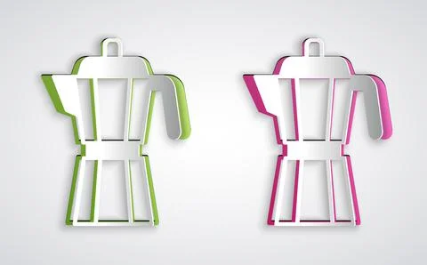 Paper cut Coffee maker moca pot icon isolated on grey background. Paper art s Stock Illustration