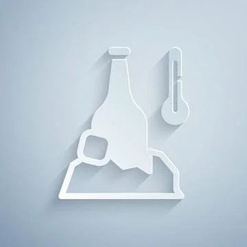 Paper cut Cold beer bottle icon isolated on grey background. Paper art style Stock Illustration