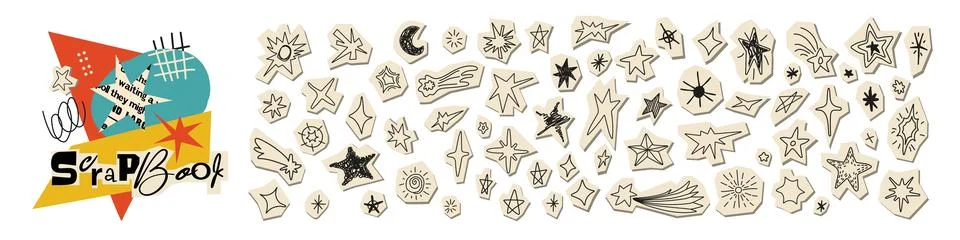 Paper cut collage elements set with hand drawn doodle stars and abstract ir.. イラスト素材