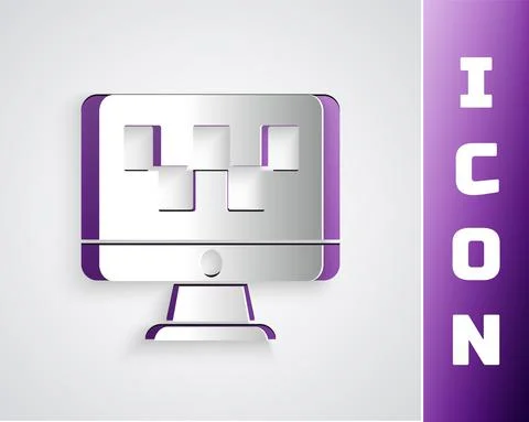 Paper cut Computer call taxi service icon isolated on grey background. Paper art Stock Illustration